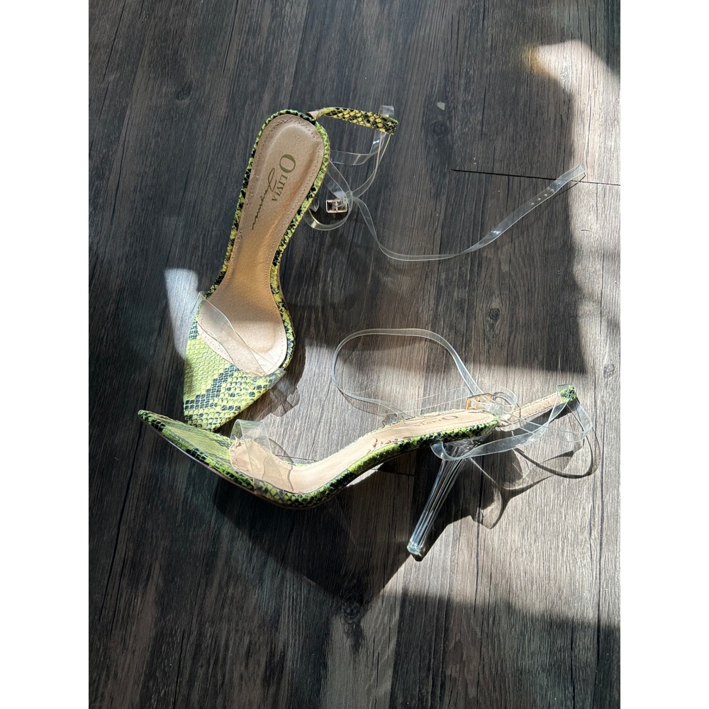 Olivia James‎ Lime Green Snakeskin Clear Strap Pointed Toe Stiletto Heels Size 9 - Picture 2 of 5